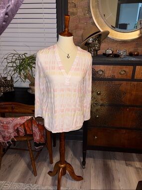 Prana Cotton Pullover V-Neck with Pastel Stripe Accents
